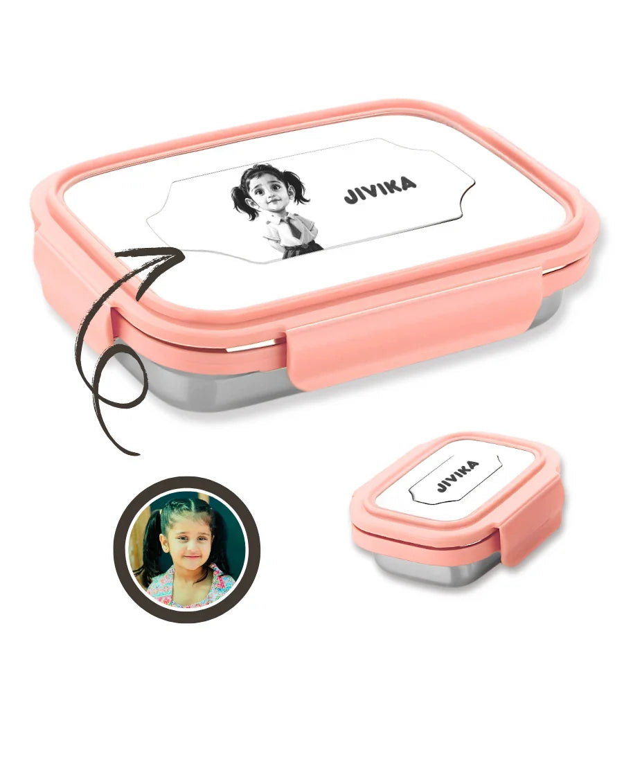 Personalized stainless steel lunch box for kids with custom name and photo print, pink leak-proof tiffin