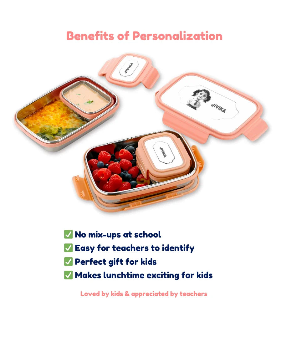 Personalised stainless steel lunch box set for kids with custom name and photo printed lid, matching small box, fruits and food inside.
