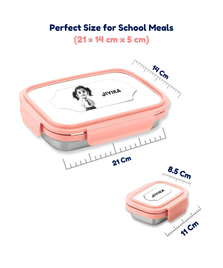 Personalised stainless steel lunch box for kids with custom name and photo, perfect size for school meals – 21x14x5 cm with extra 11x8.5 cm small box