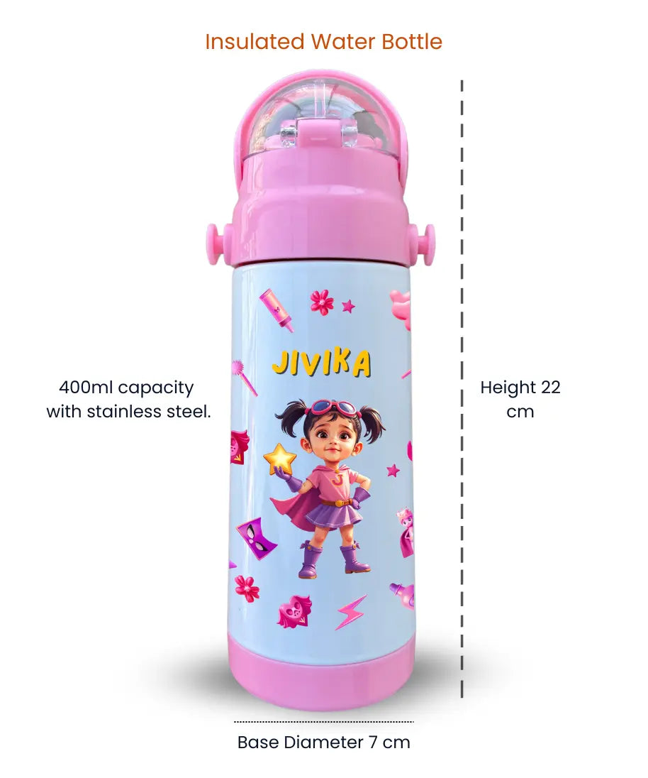 Personalised insulated water bottle for kids in pink, 400ml stainless steel, 22cm height, custom cartoon photo with name Jivika on white background