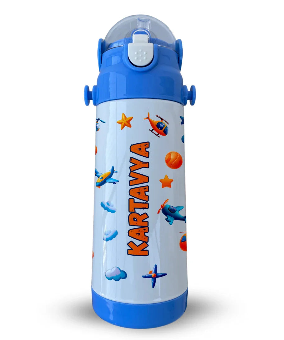 A personalised insulated water bottle for kids with the name Kartavya printed in an airplane and pilot theme design.