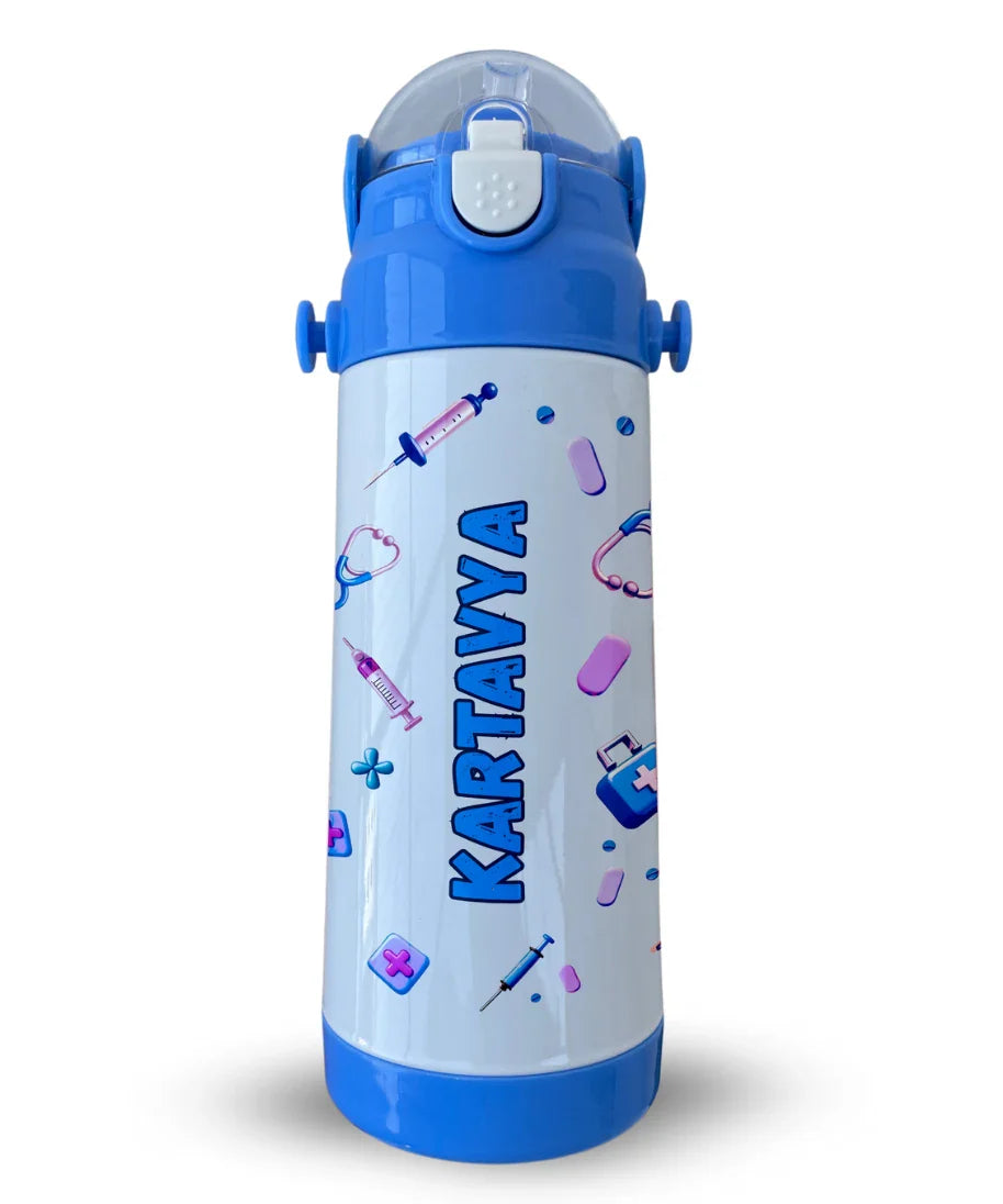 A personalised insulated water bottle for kids with the name Kartavya printed in a doctor theme design featuring stethoscope, syringe, and medical icons.