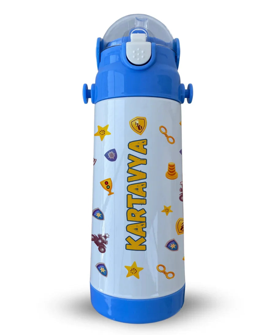 Personalised insulated water bottle for kids with the name Kartavya printed in a police theme design featuring badges, handcuffs, coins, and police icons.