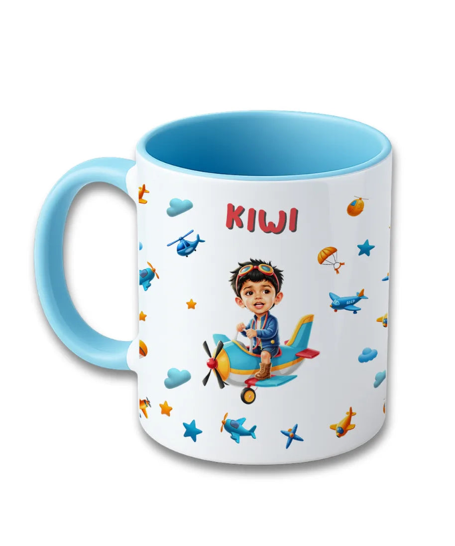 Personalised kids mug with aeroplane theme, child photo and name Kiwi printed on ceramic mug, blue handle design
