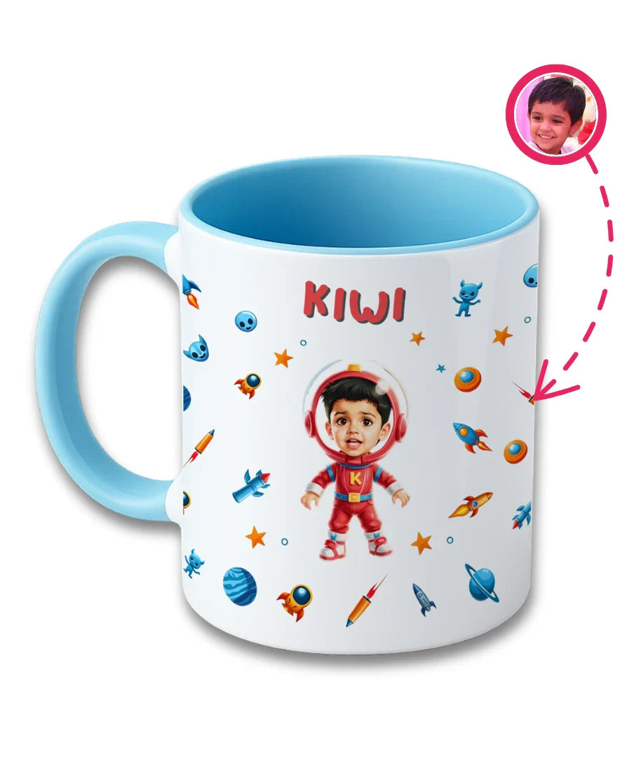 Personalised blue kids mug with astronaut cartoon theme, custom name Kiwi and child photo printed