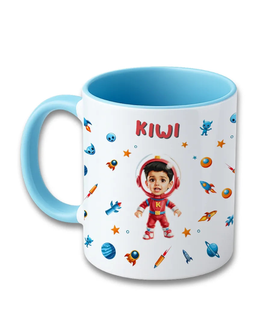 Personalised kids mug with astronaut cartoon theme, custom child photo and name Kiwi printed on ceramic mug, blue handle design