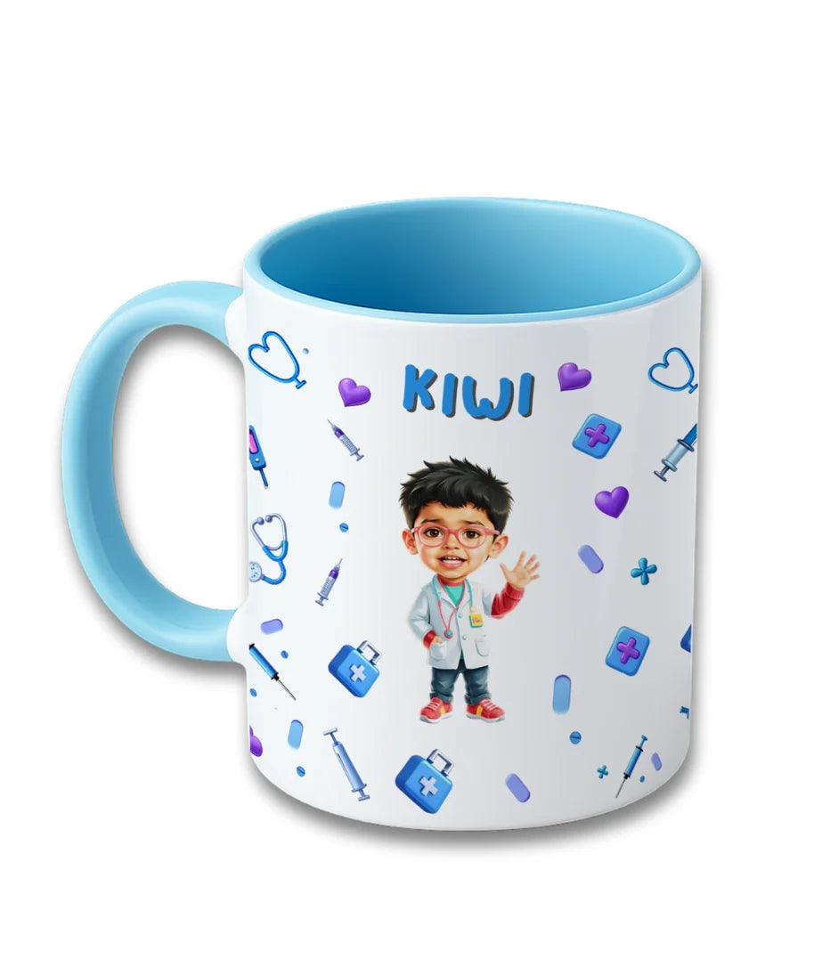 Personalised kids mug with doctor theme, child photo and name Kiwi printed on ceramic mug, blue handle design