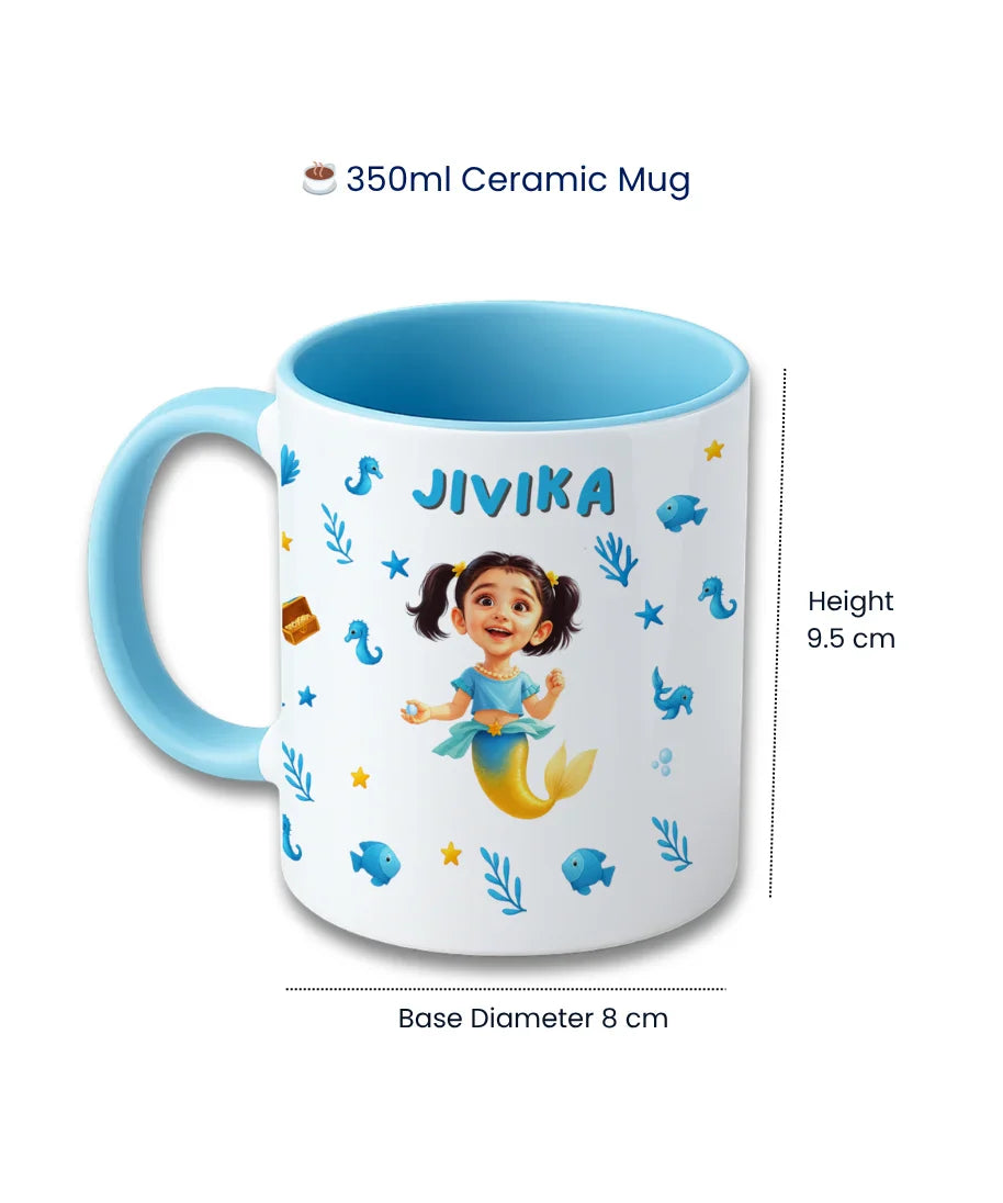 350ml personalised ceramic kids mug with blue handle, mermaid cartoon theme, child name Jivika and photo print – height 9.5cm, base 8cm