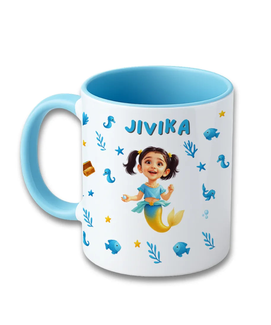 Personalised kids mug with mermaid cartoon theme, custom child photo and name Jivika printed on ceramic mug, blue handle design