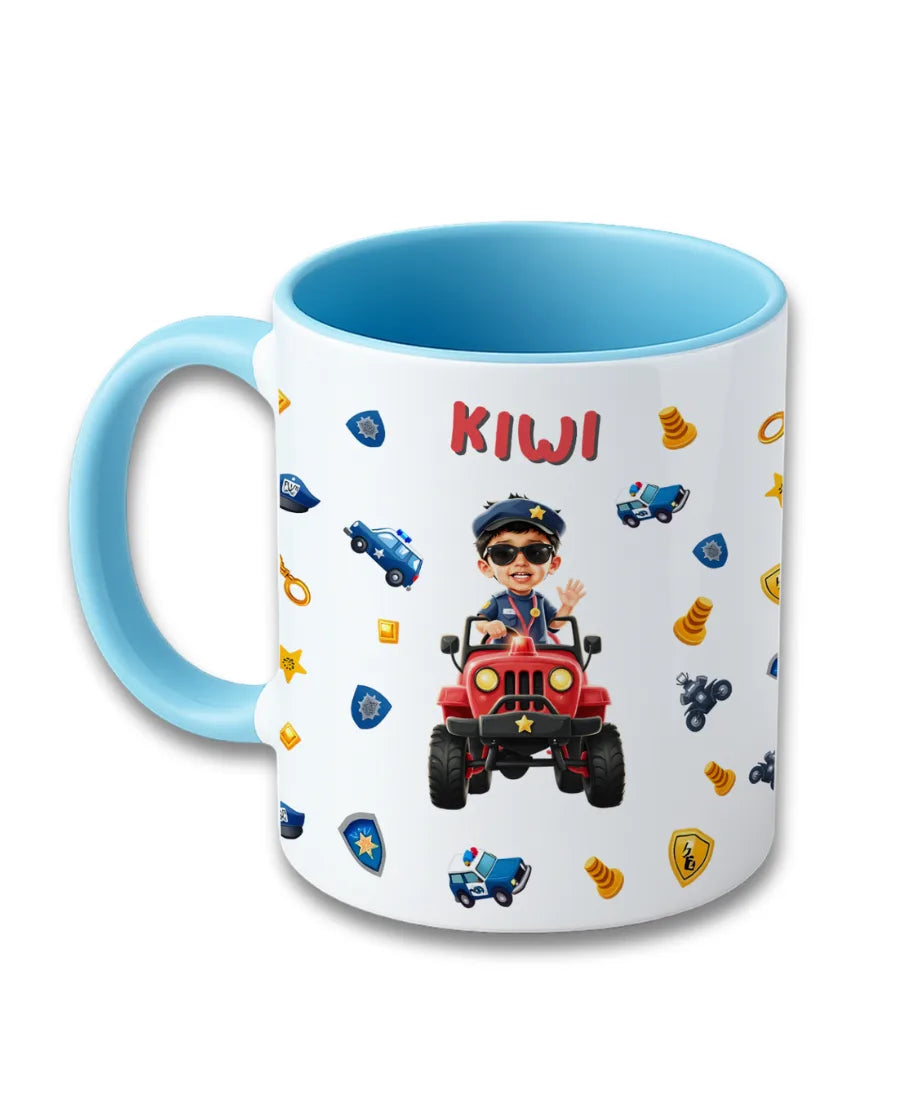 Personalised kids mug with police car cartoon theme, child photo and name Kiwi printed on ceramic mug, blue handle design