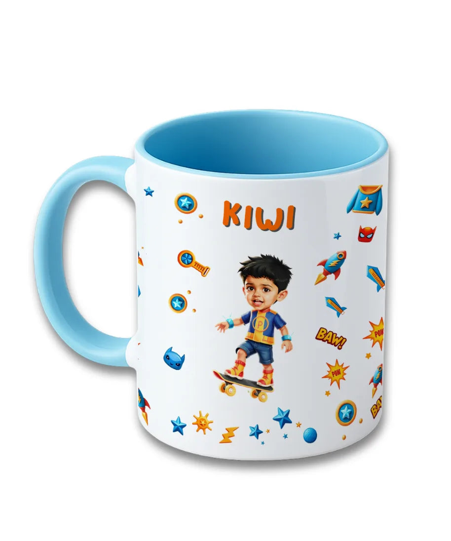 Personalised kids mug with superhero cartoon theme, custom child photo and name Kiwi printed on ceramic mug, blue handle design