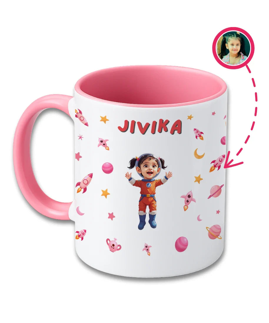 Personalised pink kids mug with astronaut cartoon theme, custom name Jivika and child photo printed