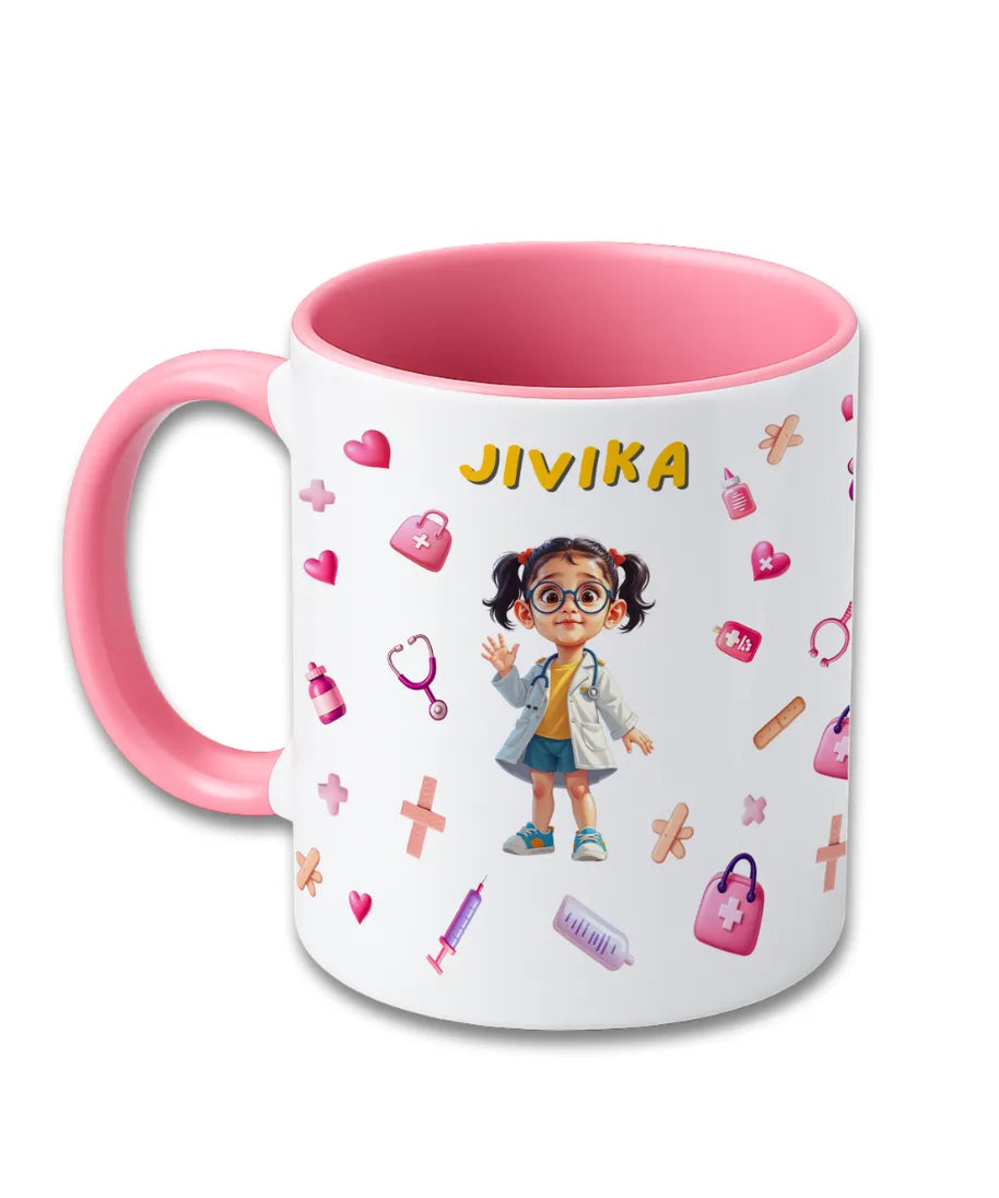 Personalised kids mug with doctor cartoon theme, custom child photo and name Jivika printed on ceramic mug, pink handle design