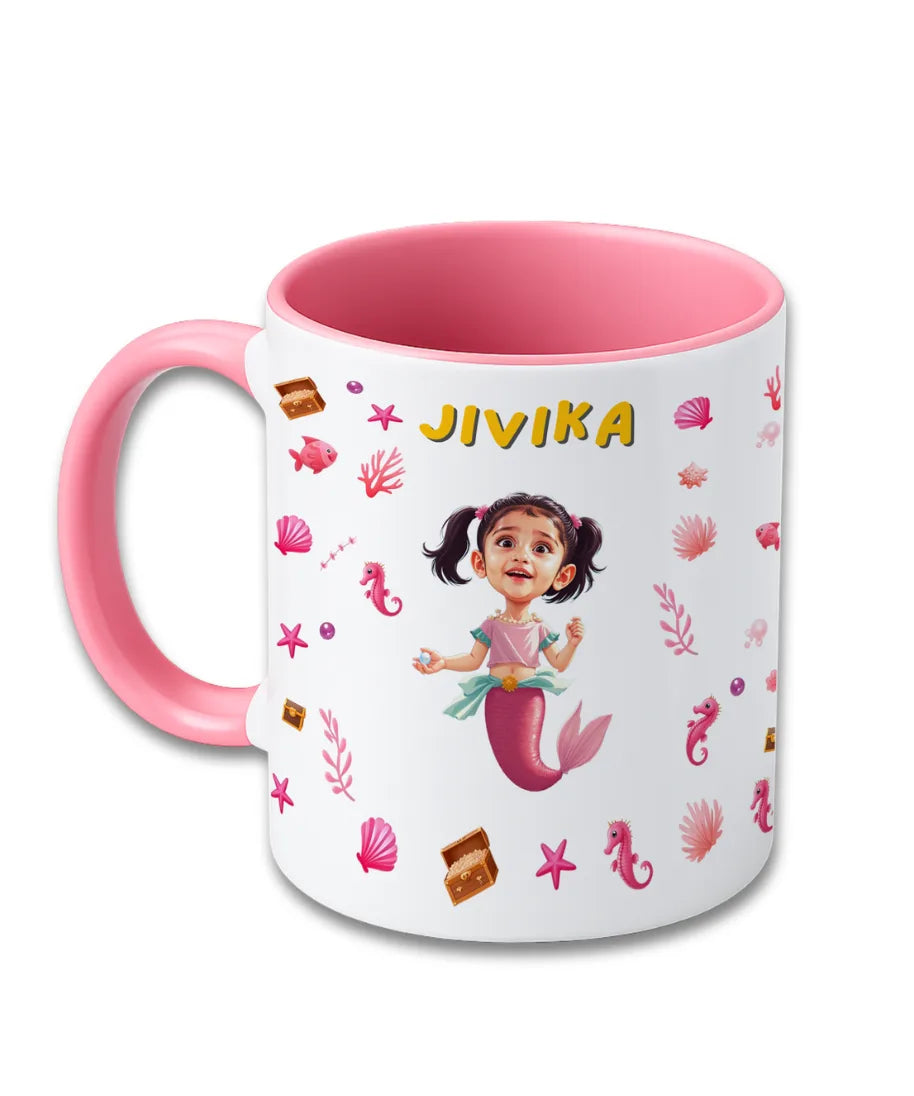 Personalised pink kids mug with mermaid cartoon theme, custom name Jivika and child photo printed on ceramic mug
