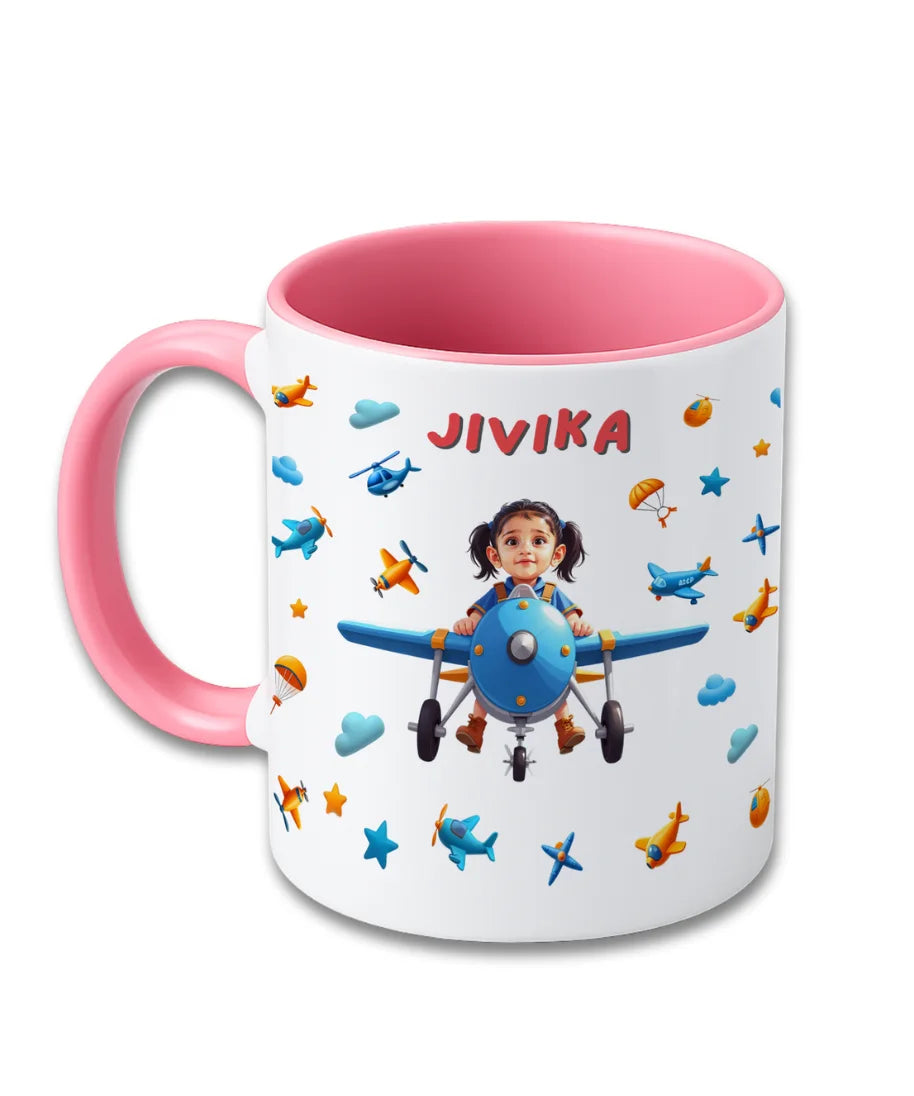 Personalised kids mug with pilot cartoon theme, custom child photo and name Jivika printed on ceramic mug, pink handle design