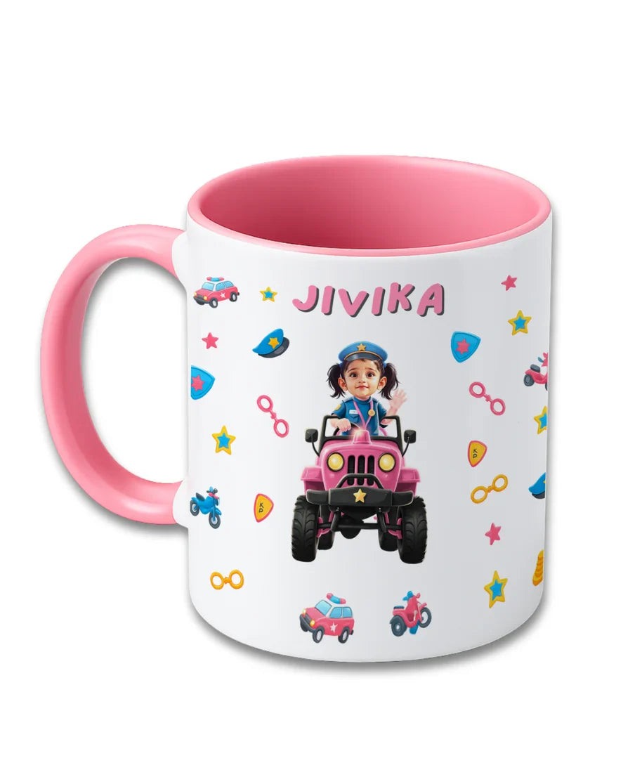 Personalised pink kids mug with police cartoon theme, child photo and custom name Jivika printed on ceramic mug