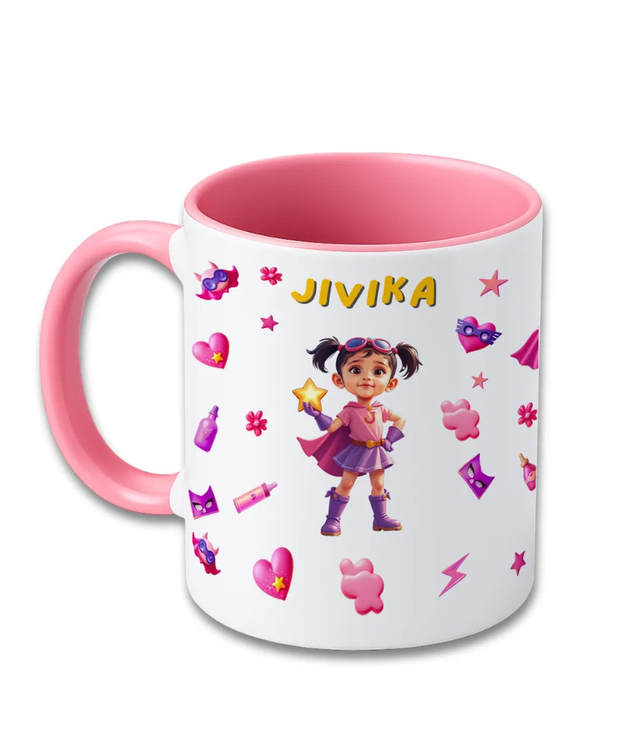 Personalised pink kids mug with superhero girl cartoon theme, custom name Jivika and child photo printed on ceramic mug