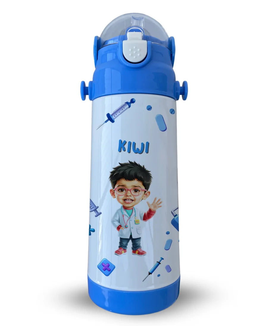 Personalised blue insulated kids water bottle with doctor cartoon theme and custom name Kiwi printed