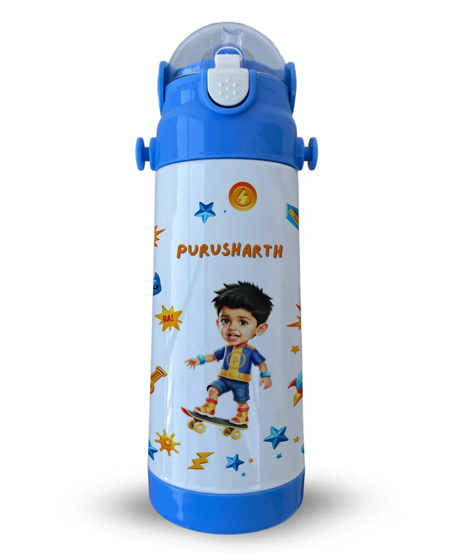 Personalised blue insulated kids water bottle with Super Kid cartoon theme and custom name Purusharth printed