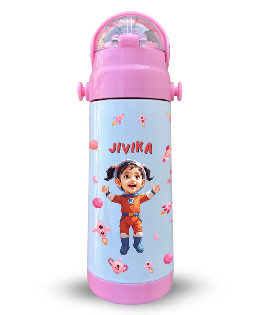 Personalised pink insulated kids water bottle with astronaut cartoon theme and custom name Jivika printed
