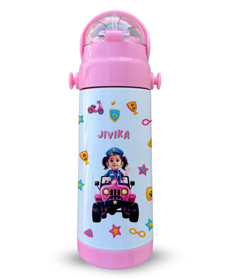 Personalised pink insulated kids water bottle with police cartoon theme and custom name Jivika printed